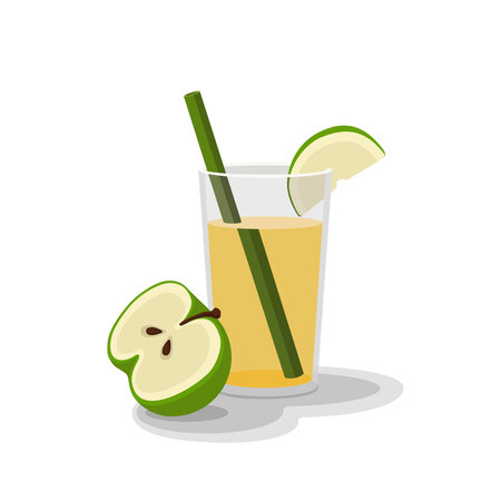 Transparent glass of apple juice with a slice and a green tube, a cut apple next to a white background in the center with shadowsのイラスト素材