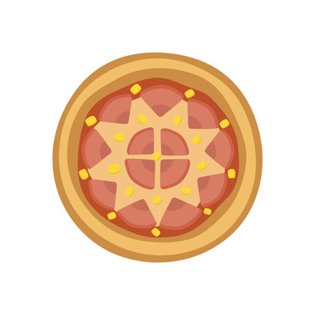 Round whole Hawaiian pizza on thick dough with triangular slices of ham, small pieces of pineapple, cheese on a white background, top viewのイラスト素材