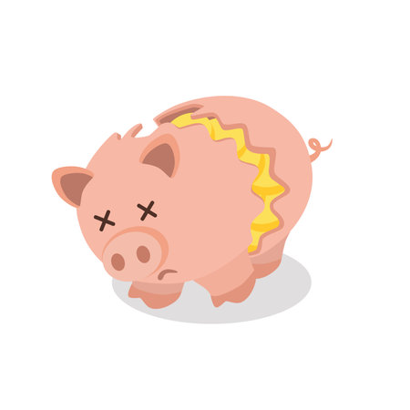 Piggy bank pink round minimalistic sad, dead with money broken in half by a big crack. On a white backgroundのイラスト素材