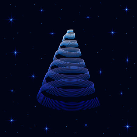 Christmas tree is modern, beautiful triangular curved like ribbon on dark background with starsのイラスト素材