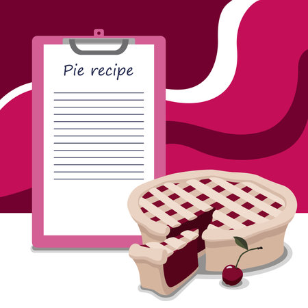 Cherry pie recipe template, place for writing text, free lines, next to ready-made delicious pieのイラスト素材