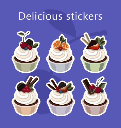 Set of cake stickers with berries fruits chocolate cookies waffles cherries strawberries currantsのイラスト素材