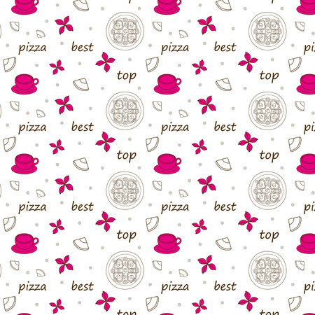 Seamless pattern with inscriptions best top pizza with pepper pink cup of coffee slices of ham brown outlineのイラスト素材