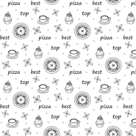 Seamless pattern childrens coloring book with coffee cakes pizza inscriptions black outline white backgroundのイラスト素材