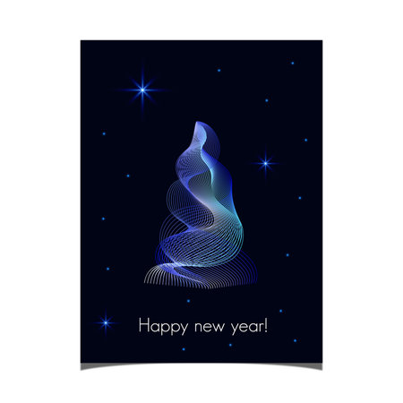 Greeting card with happy new year, with modern Christmas tree with blue-light gradient, against dark sky with twinkling blue starsのイラスト素材