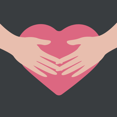Hands holding a large pink heart on a gray backgroundのイラスト素材