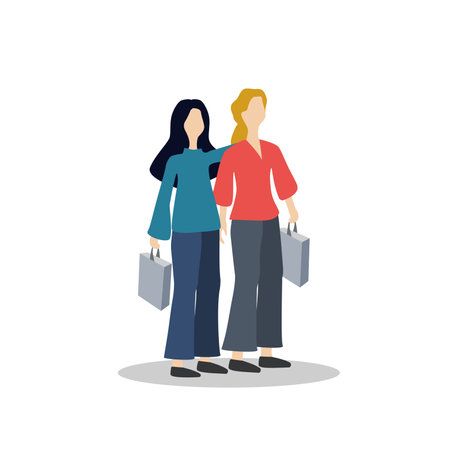 Two friends are walking out of the store with purchasesのイラスト素材