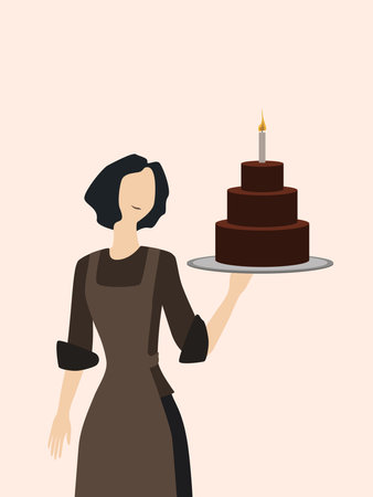 A postcard where a girl carries a cake with a candle