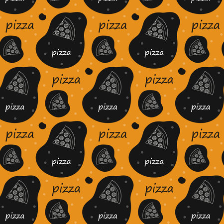 Seamless pattern with pepperoni pizza slices with abstract black spots on orange backgroundのイラスト素材