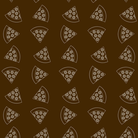 Seamless pattern with pepperoni pizza slices with white outline on brown backgroundのイラスト素材