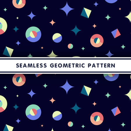 Geometric modern pattern seamless with chaotic stars complex balls yellow purple coral peach lemon vector imageのイラスト素材