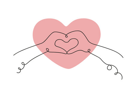Hands form heart with one line vector love in line art on pink Valentines dayのイラスト素材