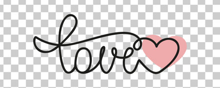 Word love in one line with heart vector without background design element for Valentines day postcards in line art line in curvesのイラスト素材