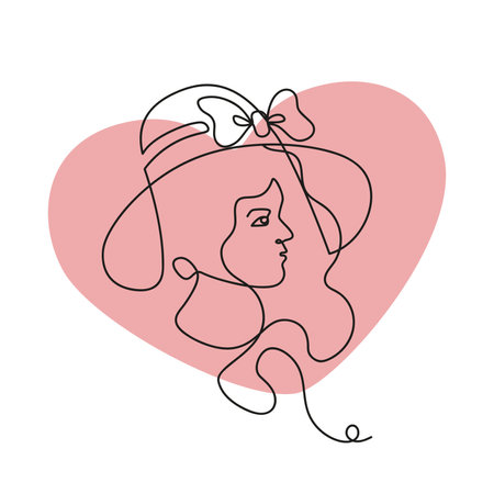 Girl with one line in hat vector face profile in line art on pink Valentines day heart background lineのイラスト素材