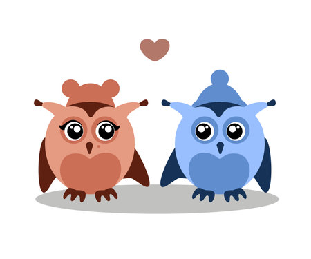Illustration vector with two cute owls girl and boy with heart on simple light background for postのイラスト素材