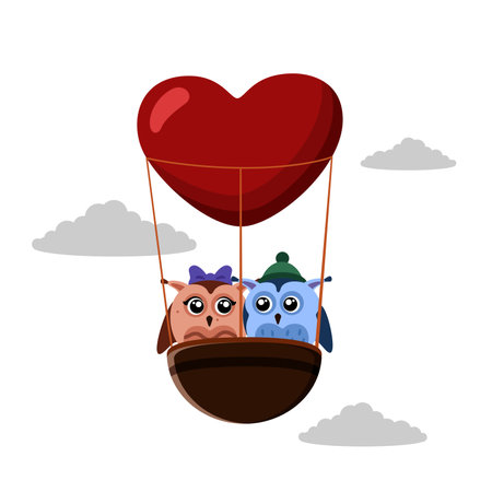Illustration with pair of owls in a heart-shaped balloon with clouds on light backgroundのイラスト素材