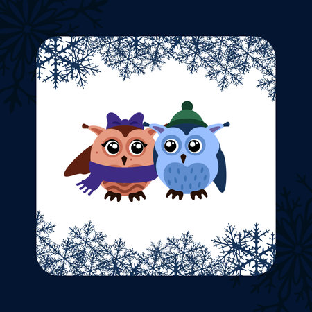 Illustration for New Year s magnet with pair of owls hugging snowflakes on light backgroundのイラスト素材