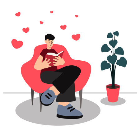 Man is reading love novel book while sitting indoors isolated vectorのイラスト素材