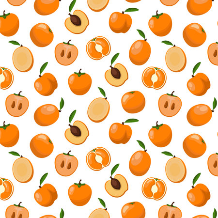 Pattern is seamless with oranges, apricots, mangoes, persimmons whole, cut in half on white backgroundのイラスト素材