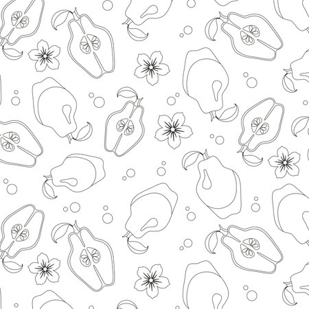 Seamless coloring pattern with whole quince cut in half, flowers, different circles on white backgroundのイラスト素材