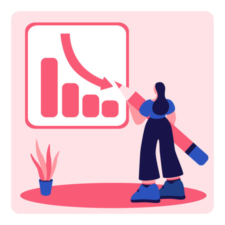 Income drop vector graph girl draws down arrow with pencil illustration businessのイラスト素材