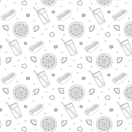 Seamless pattern coloring with black outline of hot dog pizza lemonade ham on white backgroundのイラスト素材