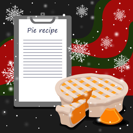 New Years template, pumpkin pie recipe, place for writing text, free lines, falling snow, snowflakesのイラスト素材