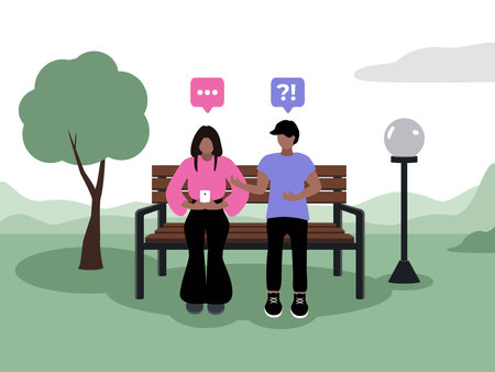 A guy swears at a girl because of sitting on the phoneのイラスト素材