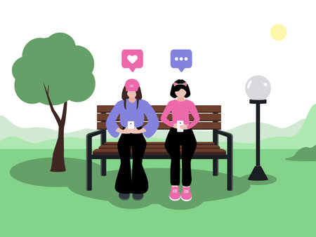 Two girls are sitting in phones during the day in summerのイラスト素材