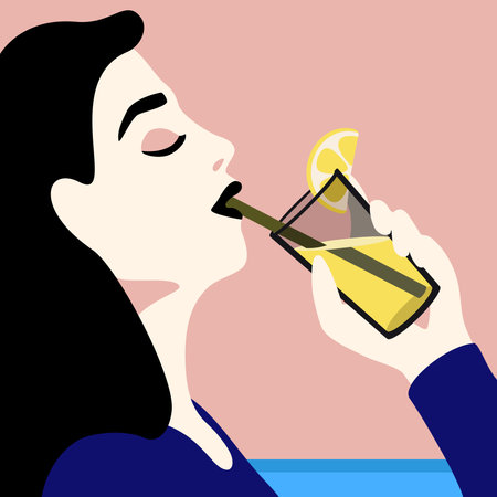 Young woman drinking cocktail lemon juice on vacation vector minimalisticのイラスト素材