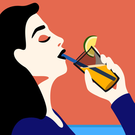 Young woman drinking cocktail apple juice on vacation vector minimalisticのイラスト素材