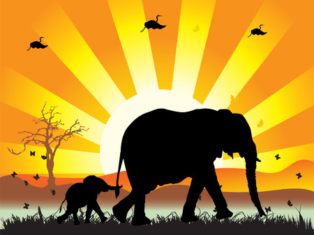  of elephants on nature walk, vector illustrationのイラスト素材