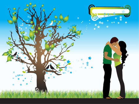 Tree silhouette, couple, spring, vector illustrationのイラスト素材