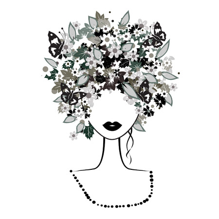 Face woman, floral hairstyleのイラスト素材