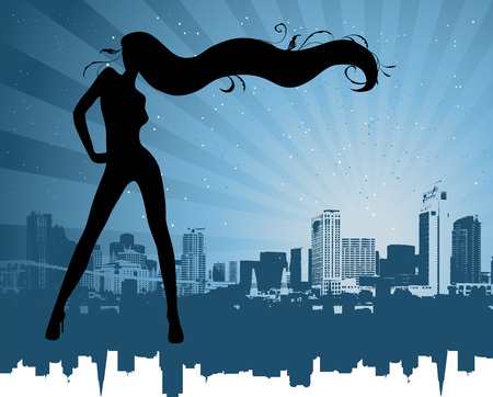 y girl on the cityscape backgroundのイラスト素材