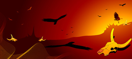 Dry desert, vulture and cow skullのイラスト素材