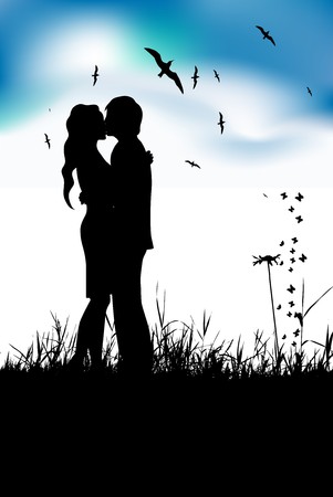 Couple kissing on summer meadow, black silhouetteのイラスト素材