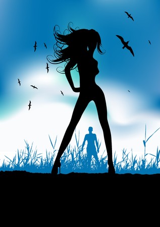 Pretty woman silhouette on nature, man on backgroundのイラスト素材