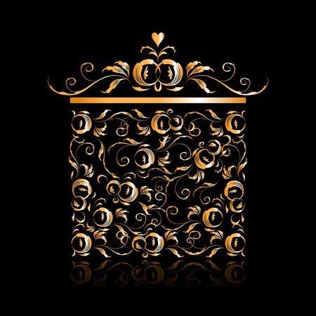Golden gift box stylized, floral ornament design のイラスト素材