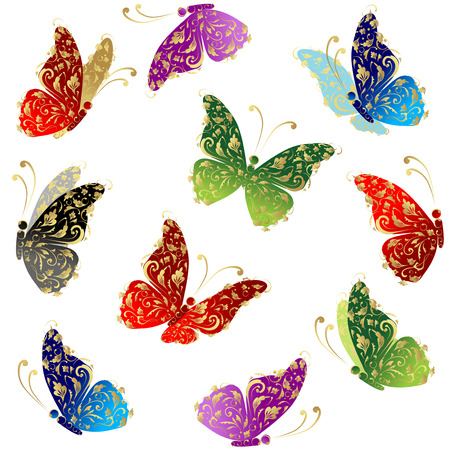 Beautiful art butterfly flying, floral golden ornamentのイラスト素材