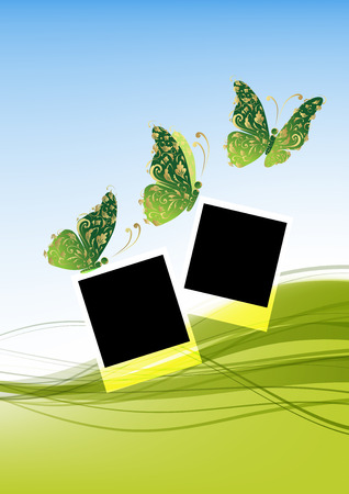 Green background with beautiful butterflies, insert your photosのイラスト素材