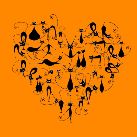 I love cats! Black cats silhouette in heart shape for your designのイラスト素材