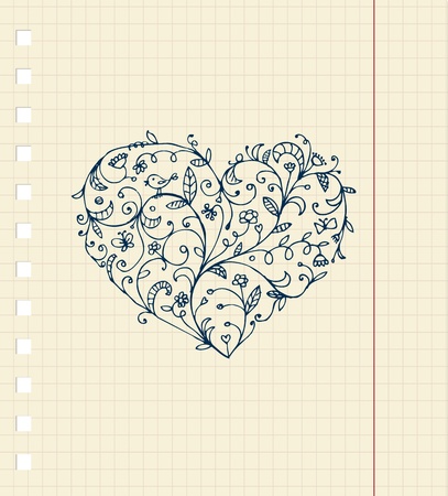 Sketch of floral heart ornament on notebook sheetのイラスト素材