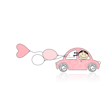 Smiling girl behind wheel pink car for your designのイラスト素材