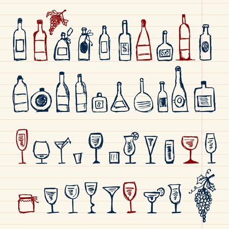 Sketch of alcohol's bottles and wineglassesのイラスト素材