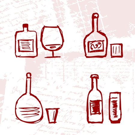 Set of alcohol's bottles and wineglasses on grunge backgroundのイラスト素材
