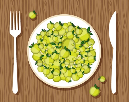 Apples on plate with fork and knife on wooden background for your designのイラスト素材