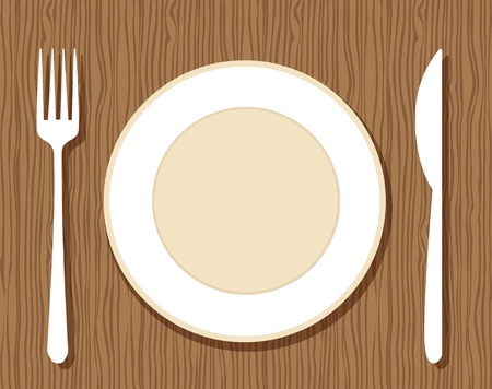 Empty plate with fork and knife on wooden background for your designのイラスト素材