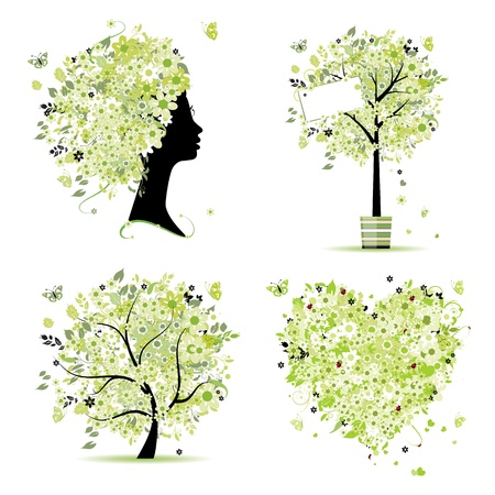 Spring style - tree, frame, female head, heart for your designのイラスト素材