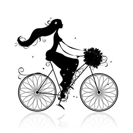 Girl with floral bouquet cyclingのイラスト素材